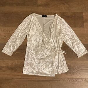 Inner Beauty white velvet long sleeved wrap Blouse, 1X